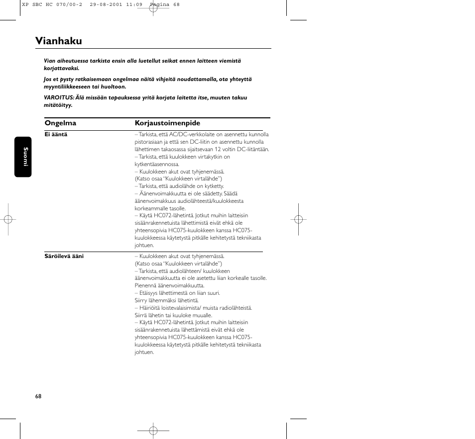 Vianhaku | Philips HC 070 User Manual | Page 68 / 101