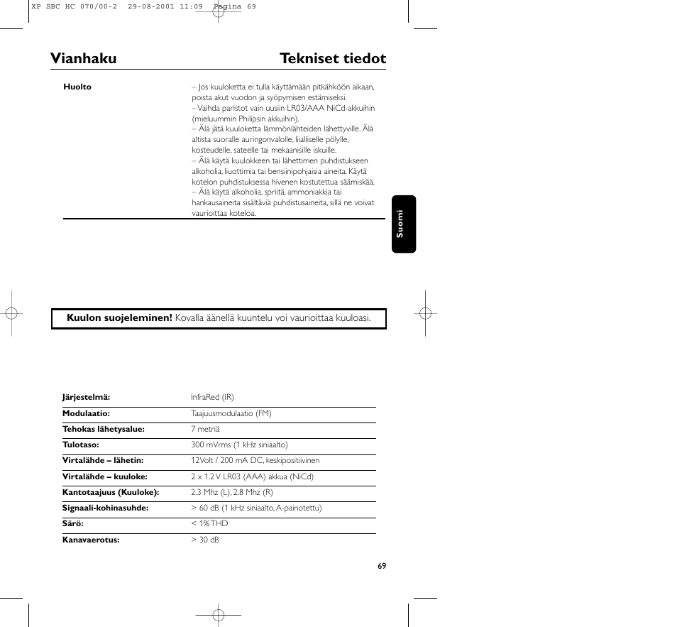 Vianhaku tekniset tiedot | Philips HC 070 User Manual | Page 69 / 101