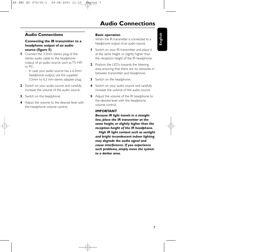 Audio connections | Philips HC 070 User Manual | Page 7 / 101