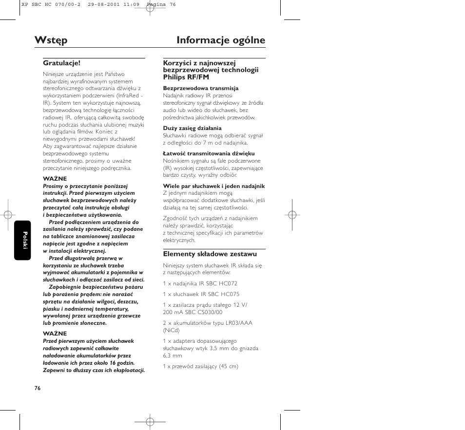 Wstęp informacje ogólne | Philips HC 070 User Manual | Page 76 / 101