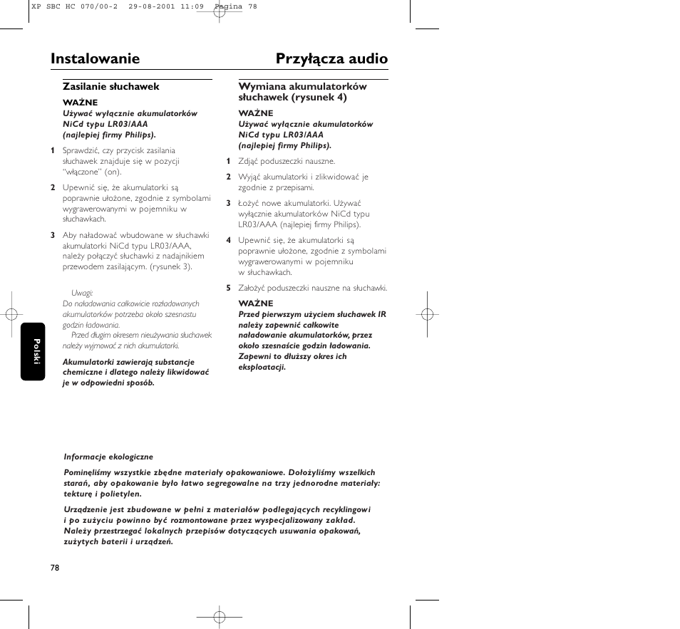 Instalowanie przyłącza audio | Philips HC 070 User Manual | Page 78 / 101