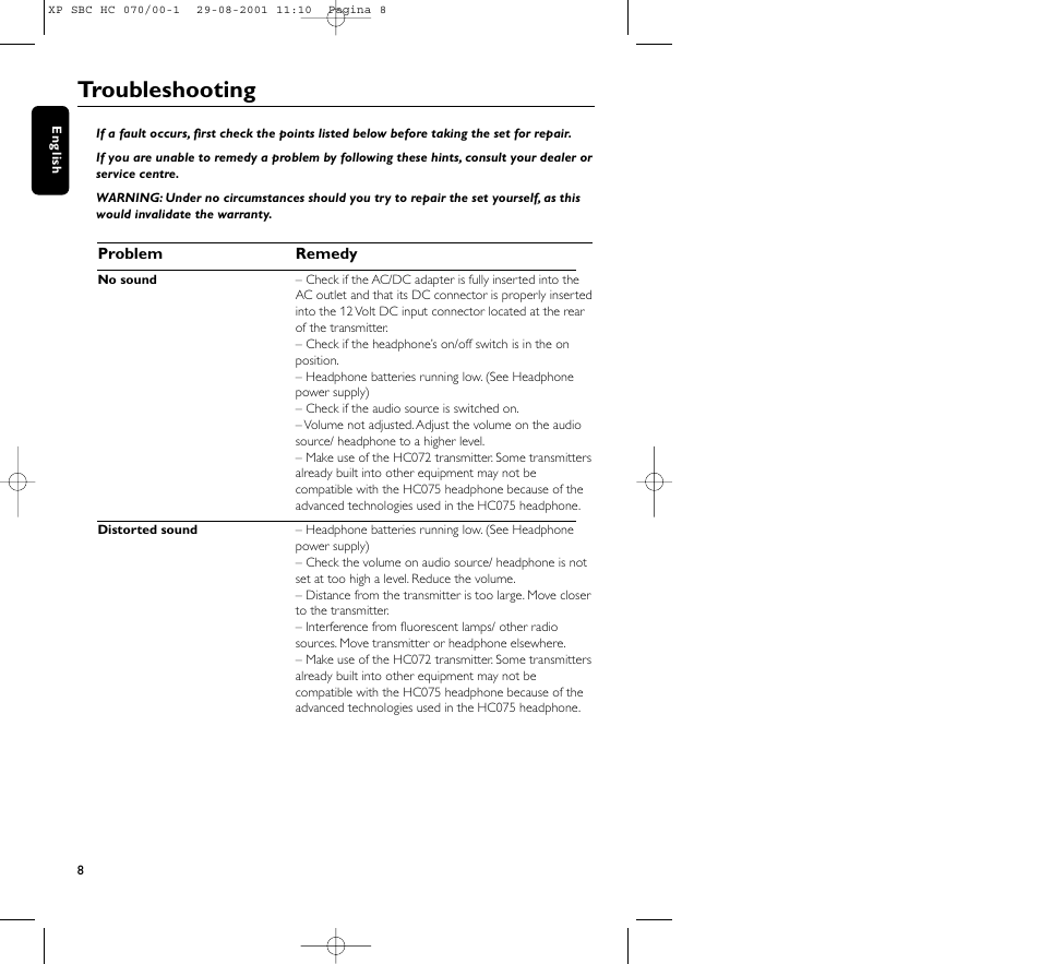 Troubleshooting | Philips HC 070 User Manual | Page 8 / 101