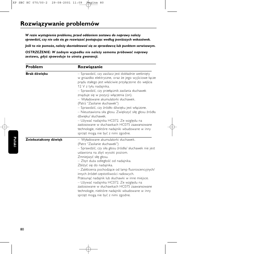 Rozwiązywanie problemów | Philips HC 070 User Manual | Page 80 / 101