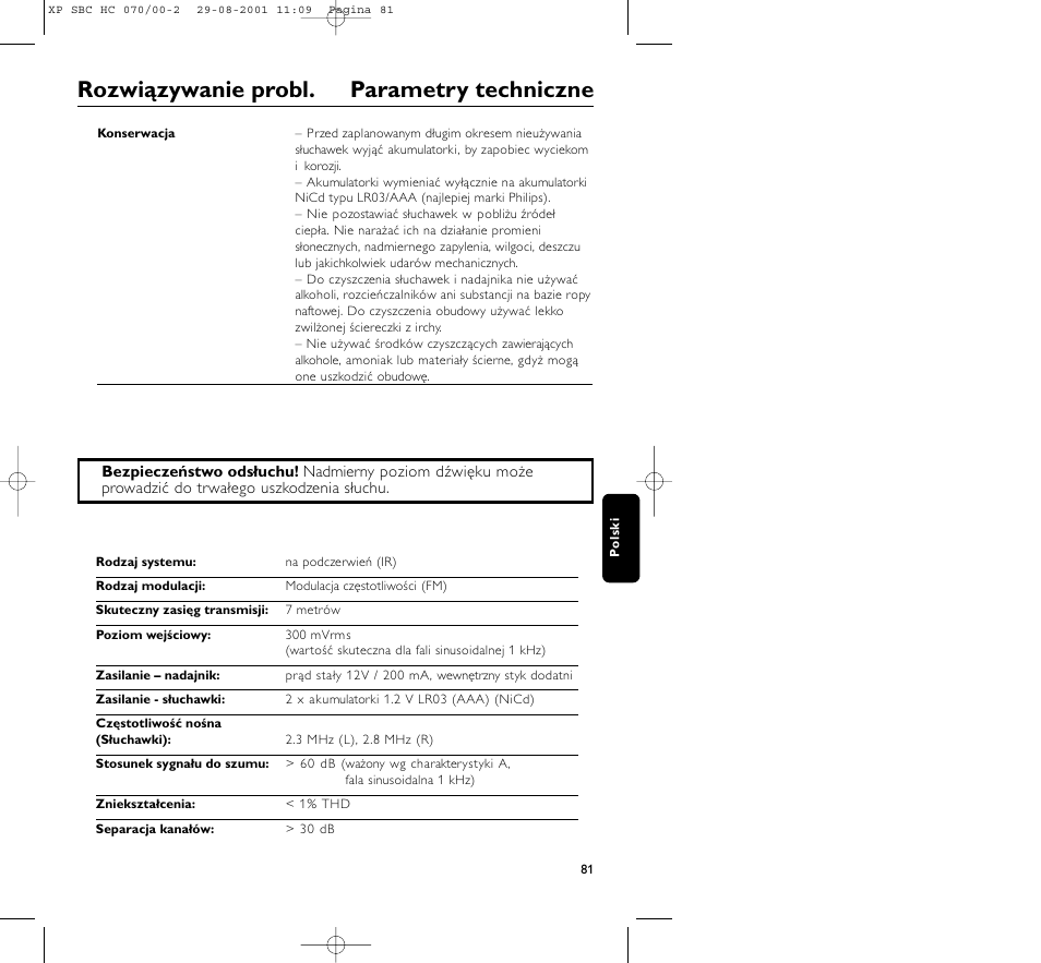 Rozwiązywanie probl. parametry techniczne | Philips HC 070 User Manual | Page 81 / 101