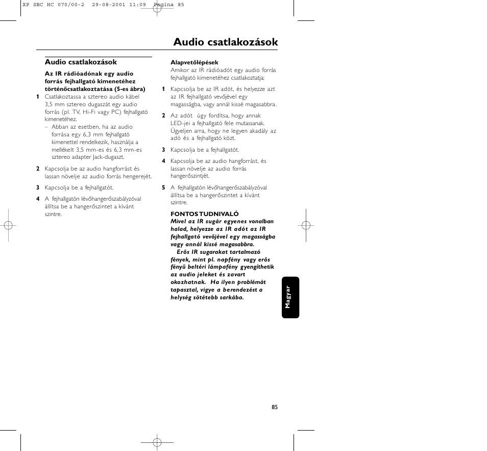 Audio csatlakozások | Philips HC 070 User Manual | Page 85 / 101
