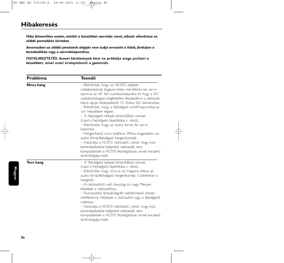 Hibakeresés | Philips HC 070 User Manual | Page 86 / 101