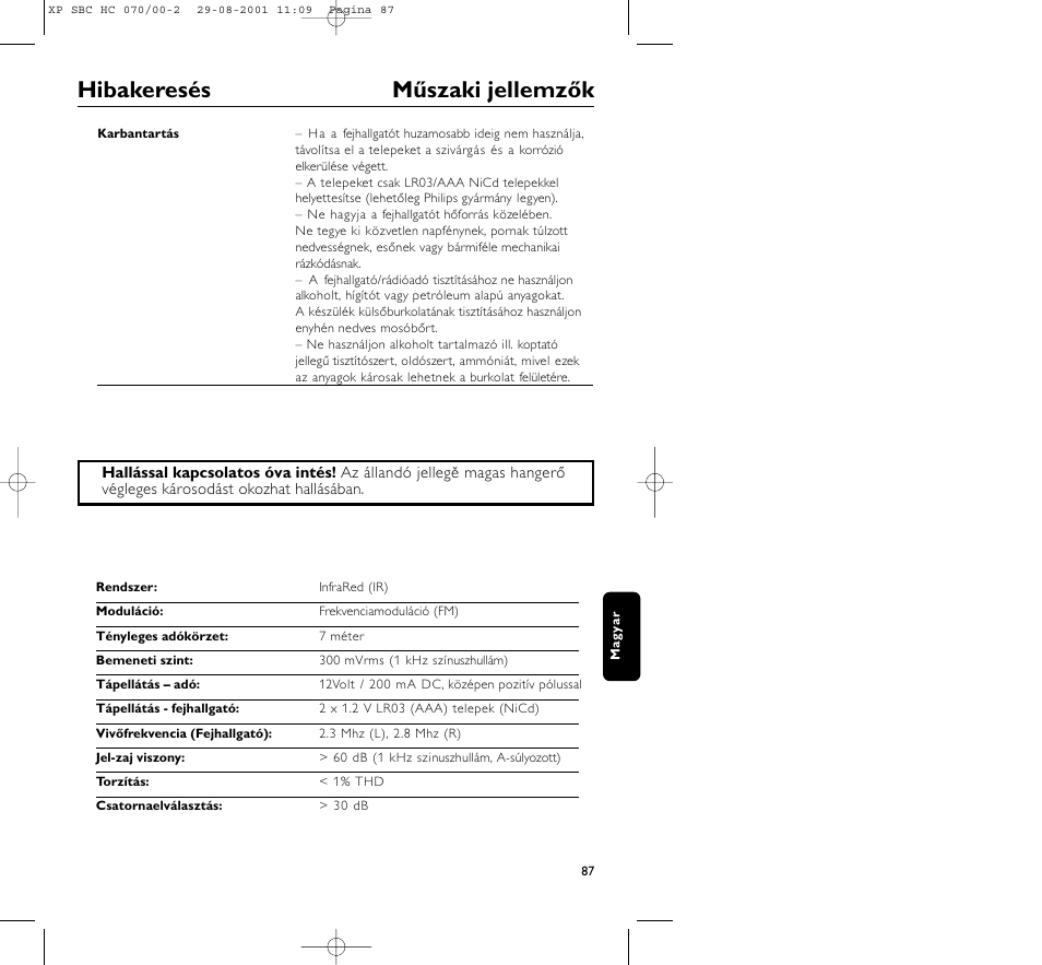 Hibakeresés műszaki jellemzők | Philips HC 070 User Manual | Page 87 / 101