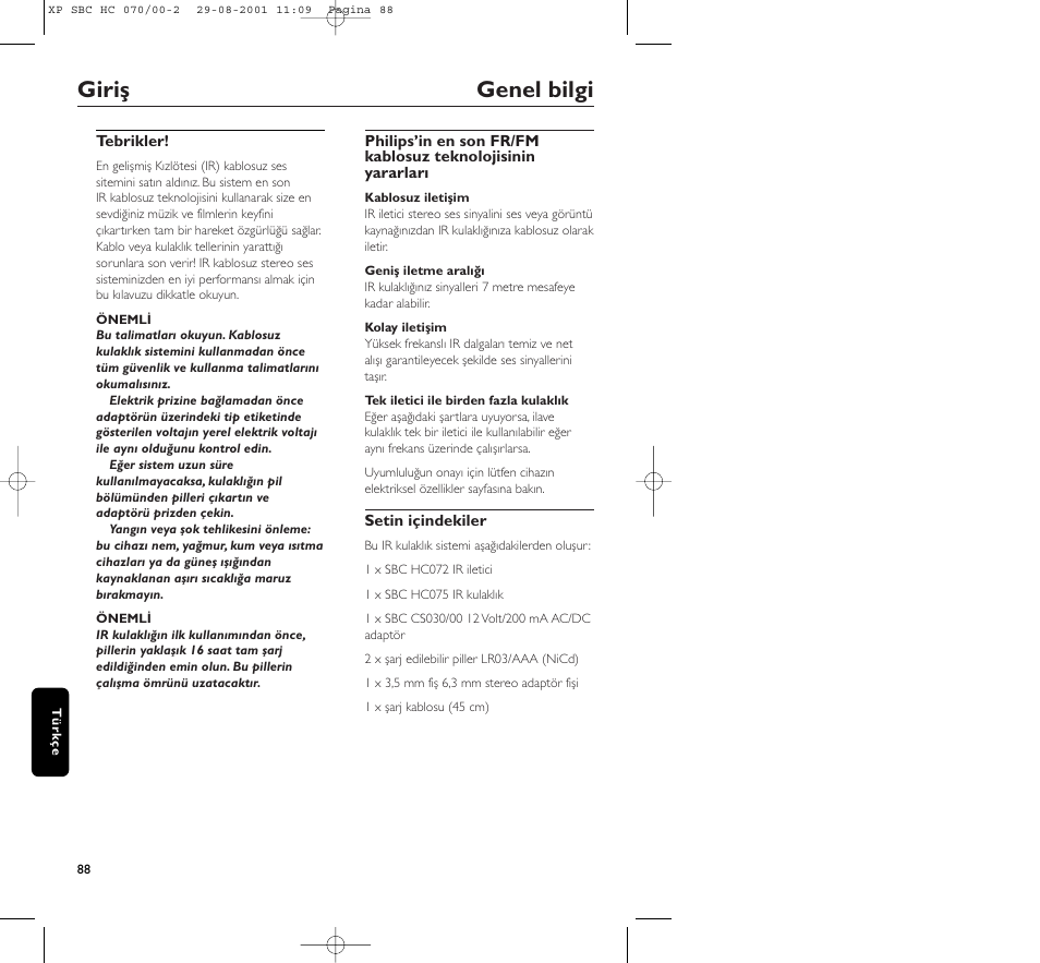 Giriş genel bilgi | Philips HC 070 User Manual | Page 88 / 101