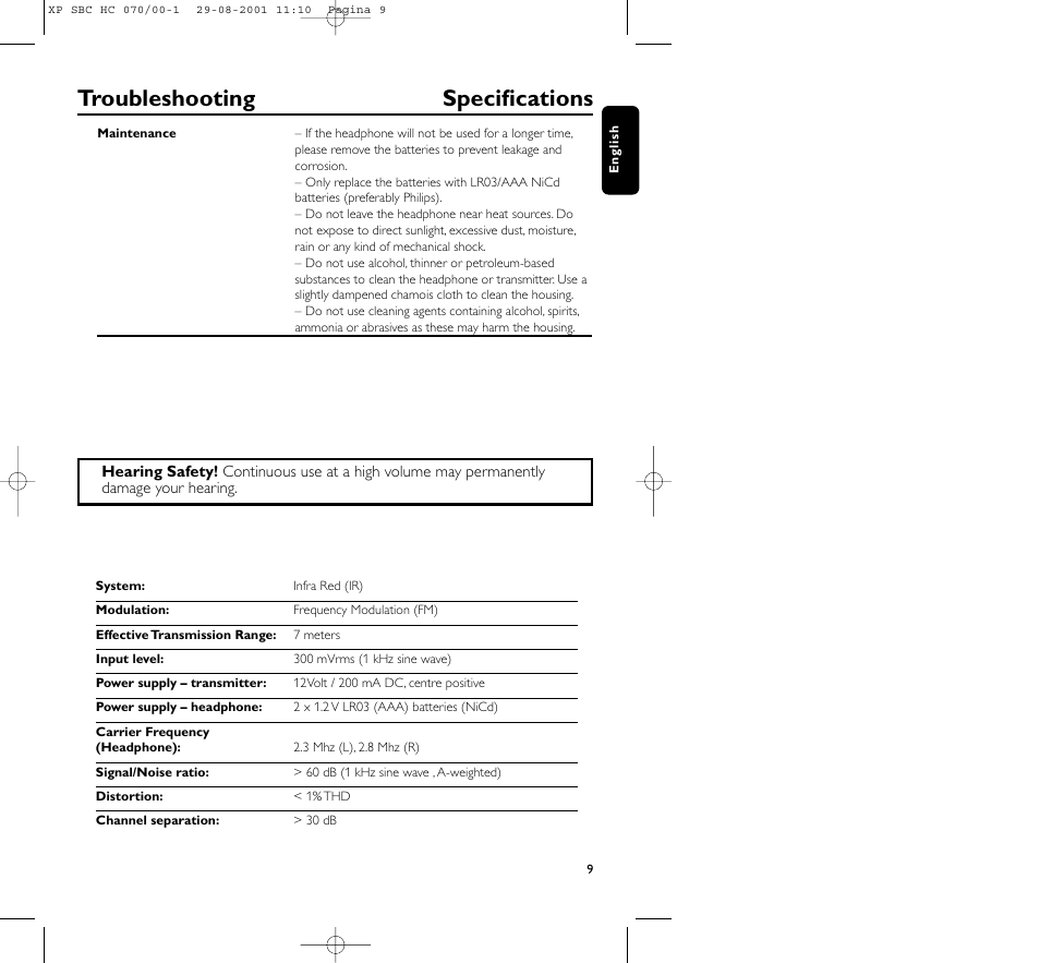 Troubleshooting specifications | Philips HC 070 User Manual | Page 9 / 101