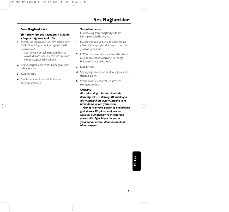 Ses bağlantıları | Philips HC 070 User Manual | Page 91 / 101