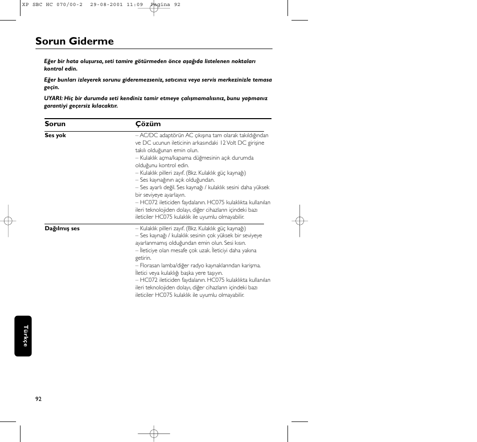 Sorun giderme | Philips HC 070 User Manual | Page 92 / 101