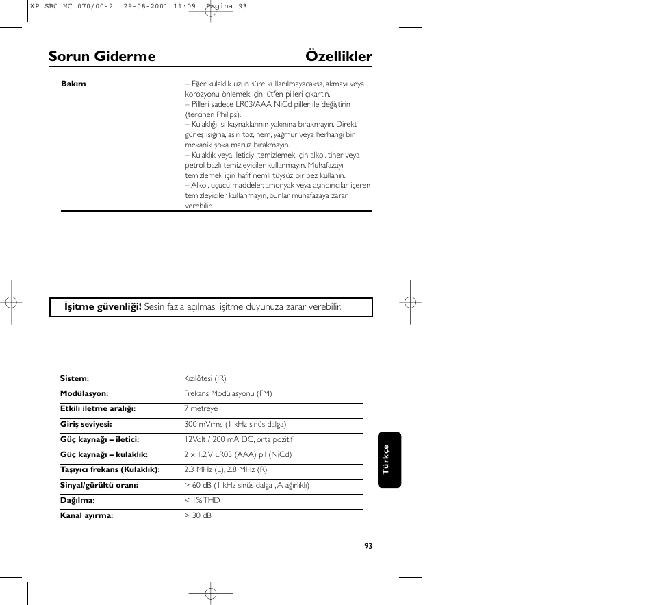 Sorun giderme özellikler | Philips HC 070 User Manual | Page 93 / 101