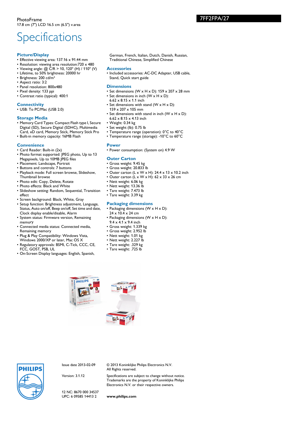 Specifications, 7ff2fpa/27 | Philips 7FF2FPA/27 User Manual | Page 3 / 3
