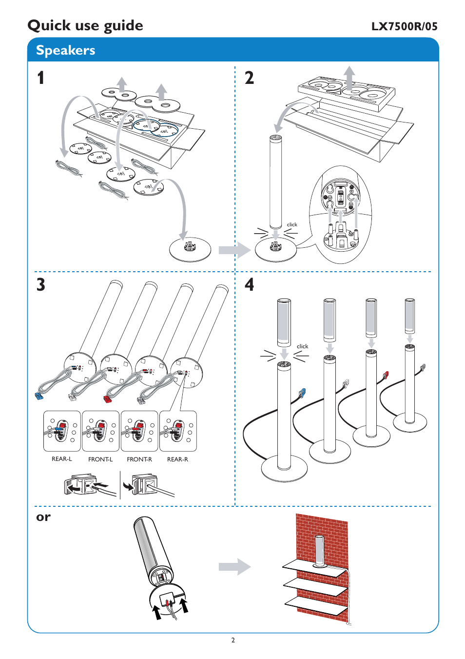 Quick use guide, Speakers | Philips LX7500R/05 User Manual | Page 2 / 6