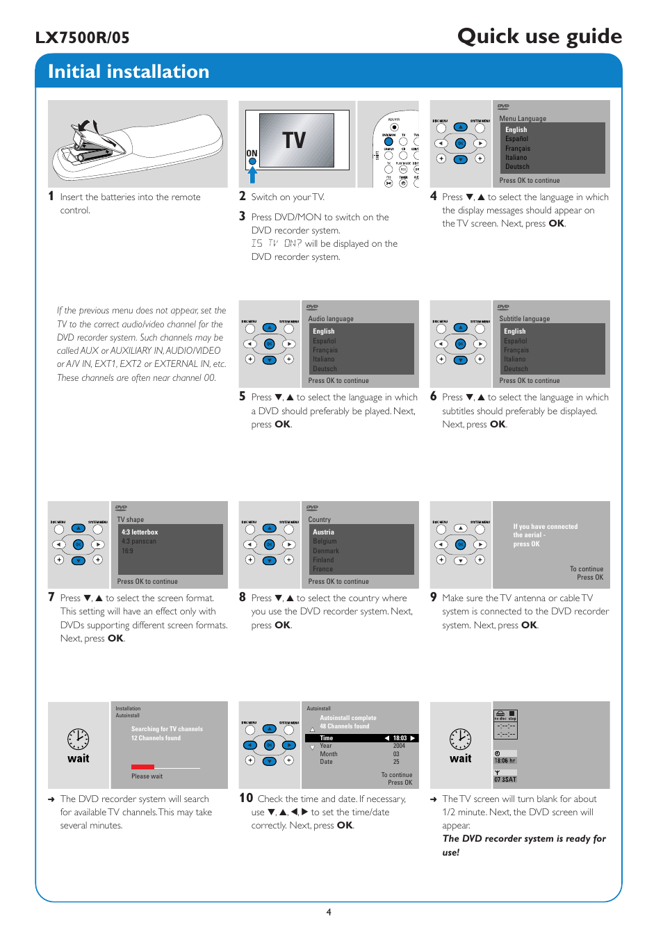 Quick use guide, Initial installation | Philips LX7500R/05 User Manual | Page 4 / 6