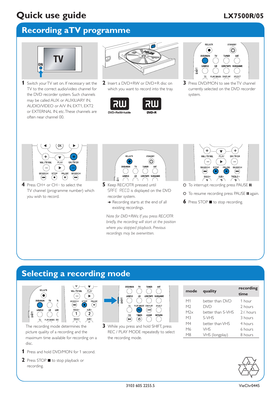 Quick use guide, Recording atv programme selecting a recording mode | Philips LX7500R/05 User Manual | Page 6 / 6