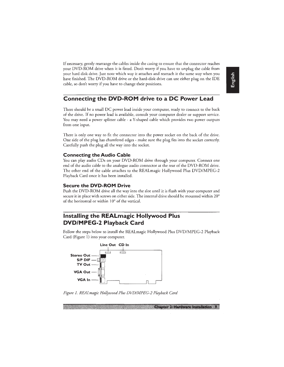 Connecting the dvd-rom drive to a dc power lead, Connecting the audio cable, Secure the dvd-rom drive | Realmagic hollywood plus dvd/mpeg-2 playback card | Philips PCA532K User Manual | Page 11 / 20