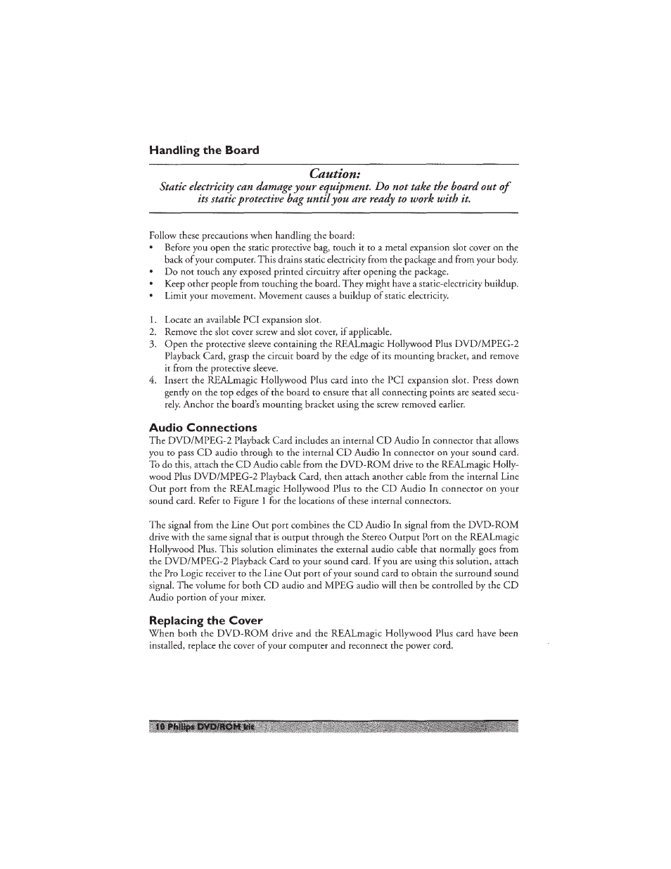 Handling the board, Audio connections, Replacing the cover | Caution | Philips PCA532K User Manual | Page 12 / 20