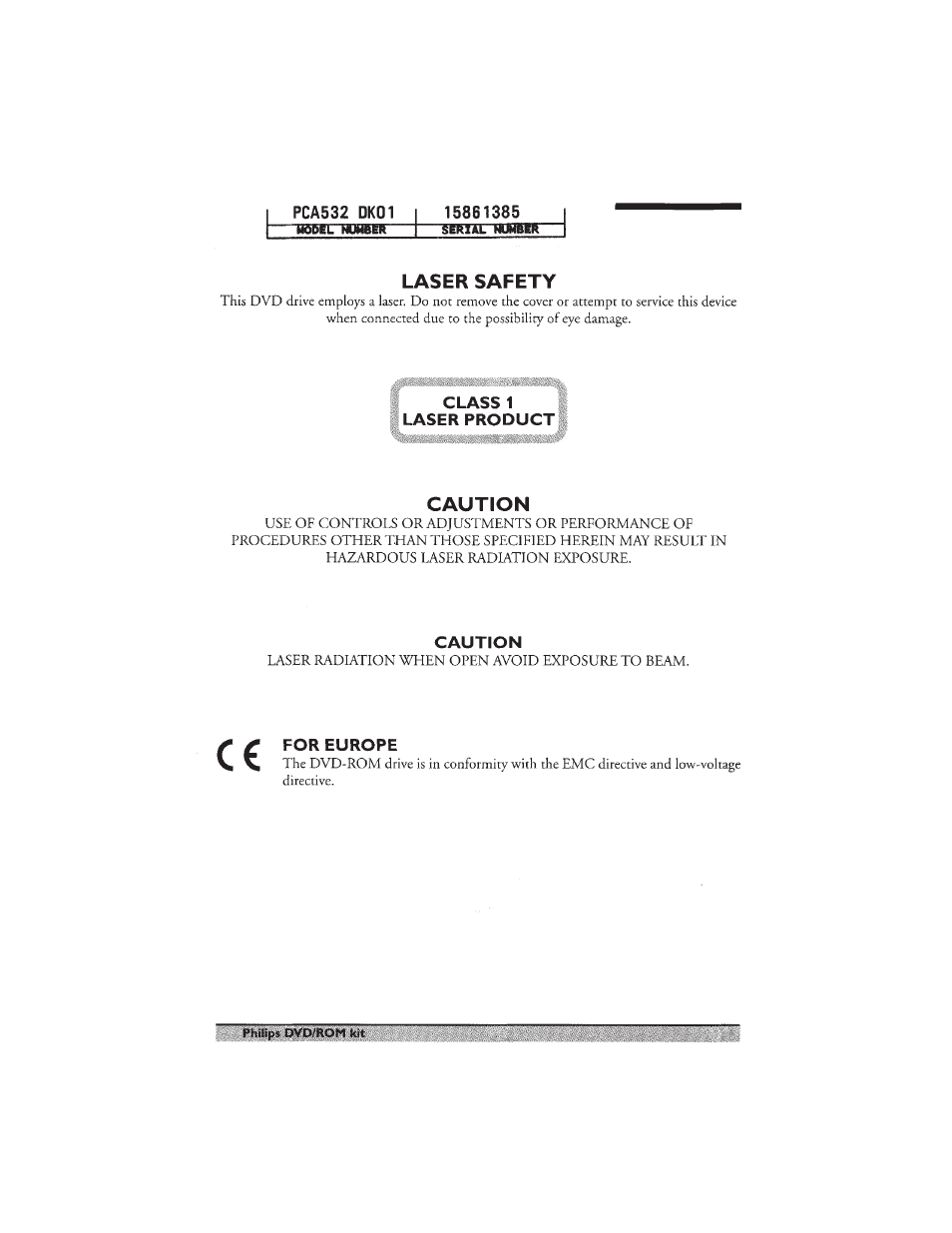 15861385 i, Serial nuhiek, Laser safety | Class 1, Laser product, Caution, For europe | Philips PCA532K User Manual | Page 2 / 20