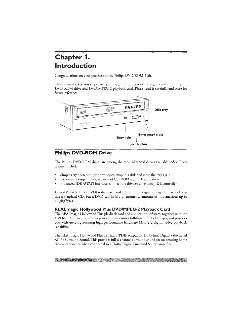 Chapter 1. introduction, Philips dvd-rom drive, Realmagic hollywood plus dvd/mpeg-2 playback card | Philips PCA532K User Manual | Page 6 / 20