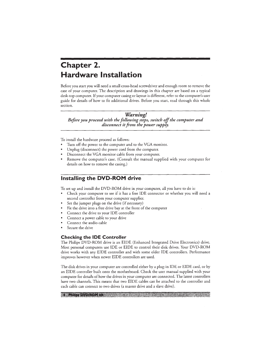 Chapter 2, Hardware installation, Installing the dvd-rom drive | Checking the ide controller, Warning, Chapter 2. hardware installation | Philips PCA532K User Manual | Page 8 / 20