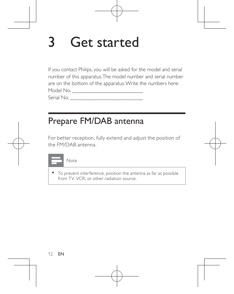 3 get started, Prepare fm/dab antenna | Philips AJB3552/05 User Manual | Page 11 / 33