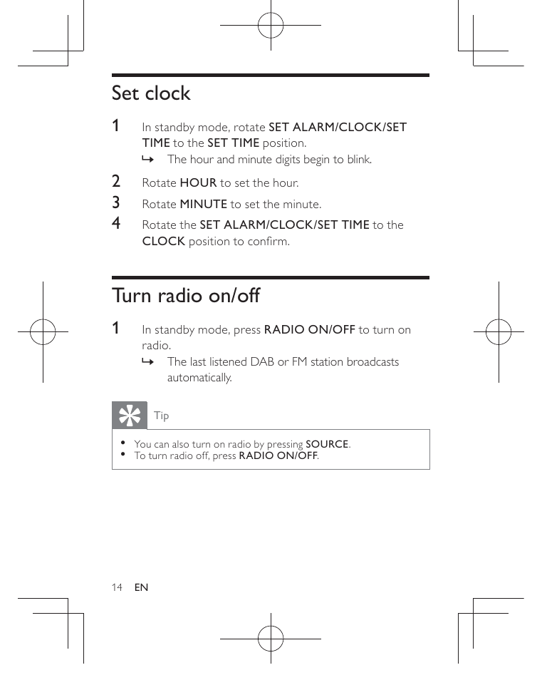 Set clock, Turn radio on/off | Philips AJB3552/05 User Manual | Page 13 / 33