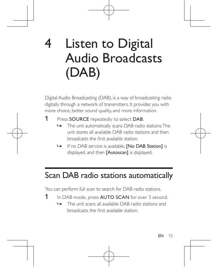 4 listen to digital audio broadcasts (dab), Scan dab radio stations automatically | Philips AJB3552/05 User Manual | Page 14 / 33