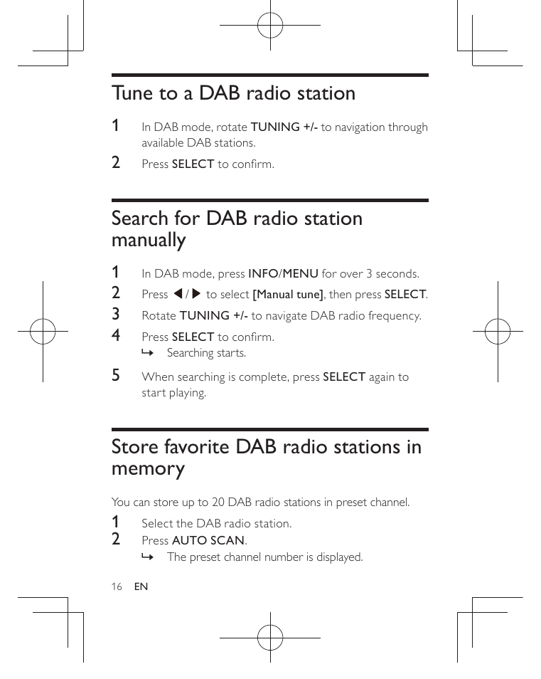 Tune to a dab radio station, Search for dab radio station manually | Philips AJB3552/05 User Manual | Page 15 / 33