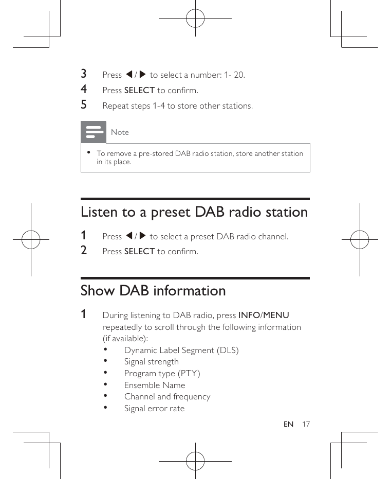 Listen to a preset dab radio station, Show dab information | Philips AJB3552/05 User Manual | Page 16 / 33