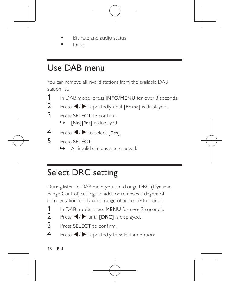Use dab menu, Select drc setting | Philips AJB3552/05 User Manual | Page 17 / 33