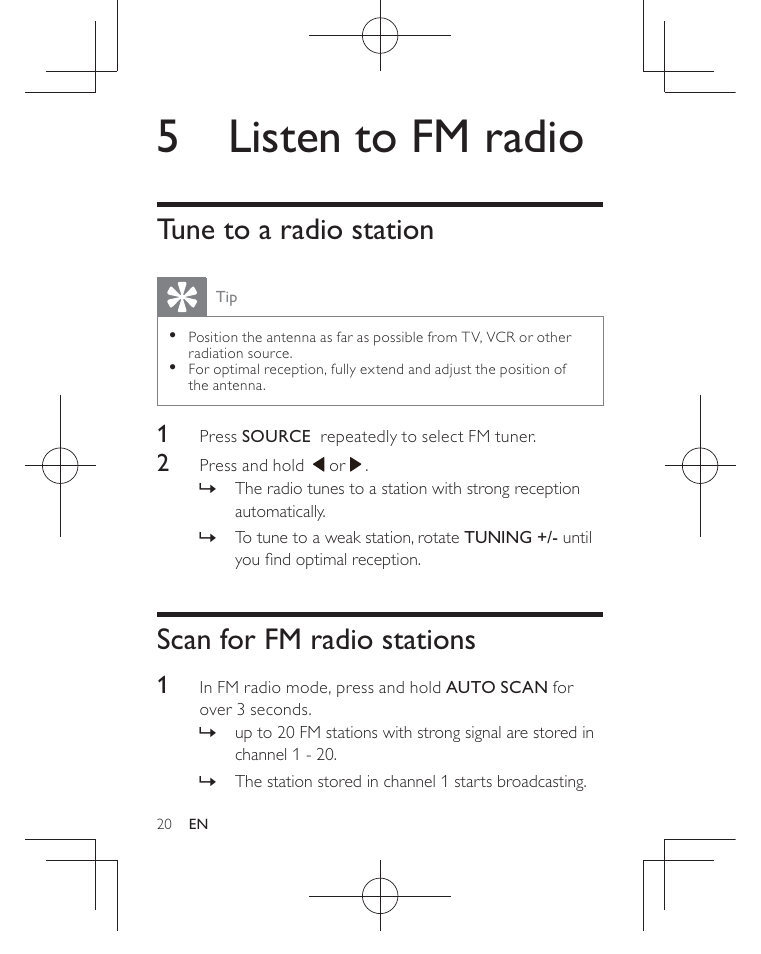 5 listen to fm radio, Tune to a radio station, Scan for fm radio stations | Philips AJB3552/05 User Manual | Page 19 / 33