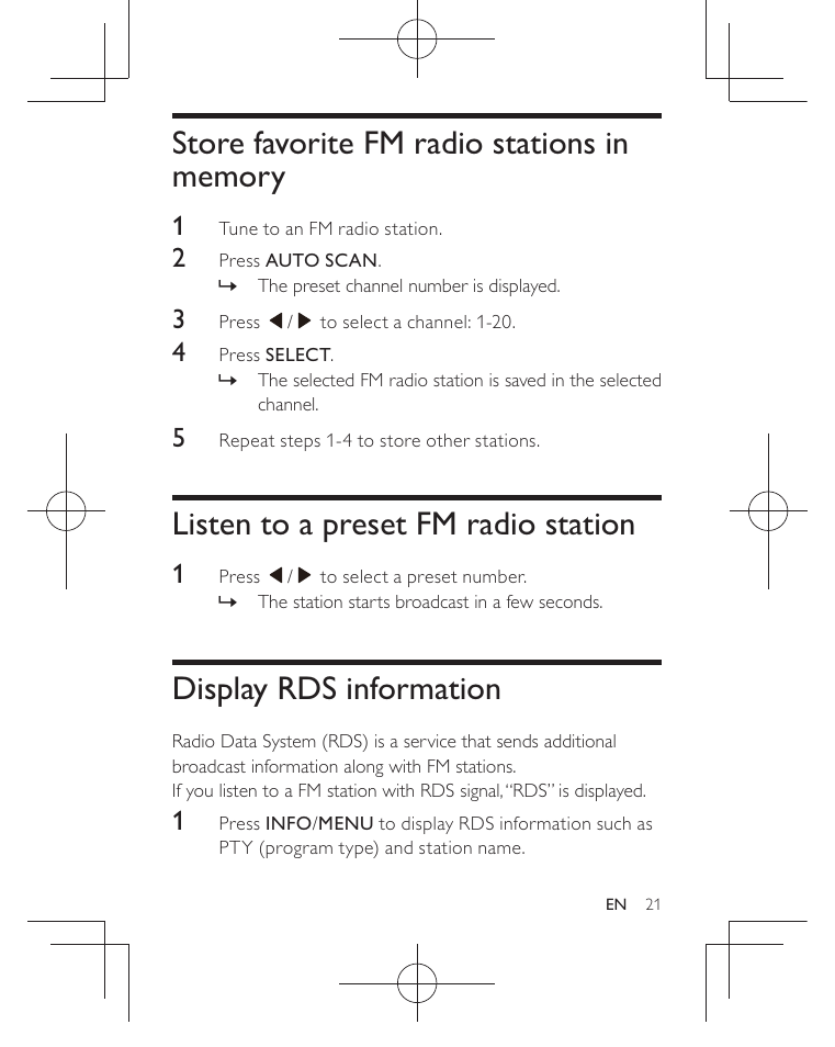 Listen to a preset fm radio station, Display rds information | Philips AJB3552/05 User Manual | Page 20 / 33