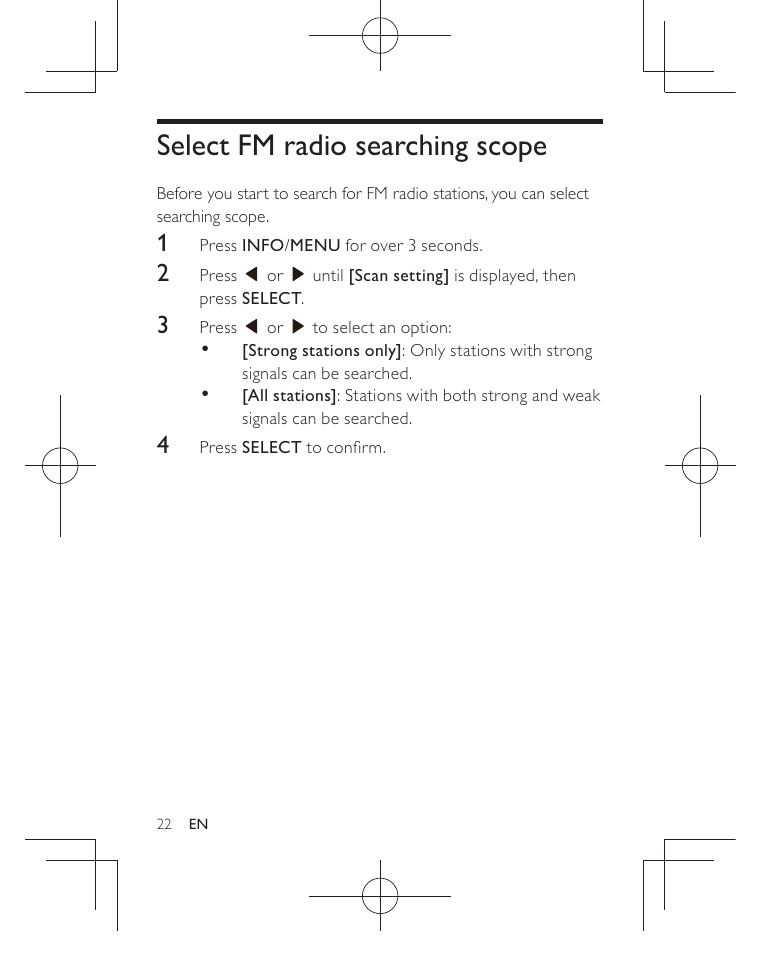 Select fm radio searching scope | Philips AJB3552/05 User Manual | Page 21 / 33