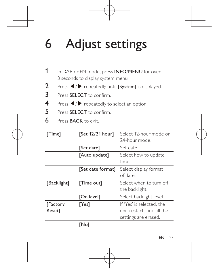 6 adjust settings | Philips AJB3552/05 User Manual | Page 22 / 33