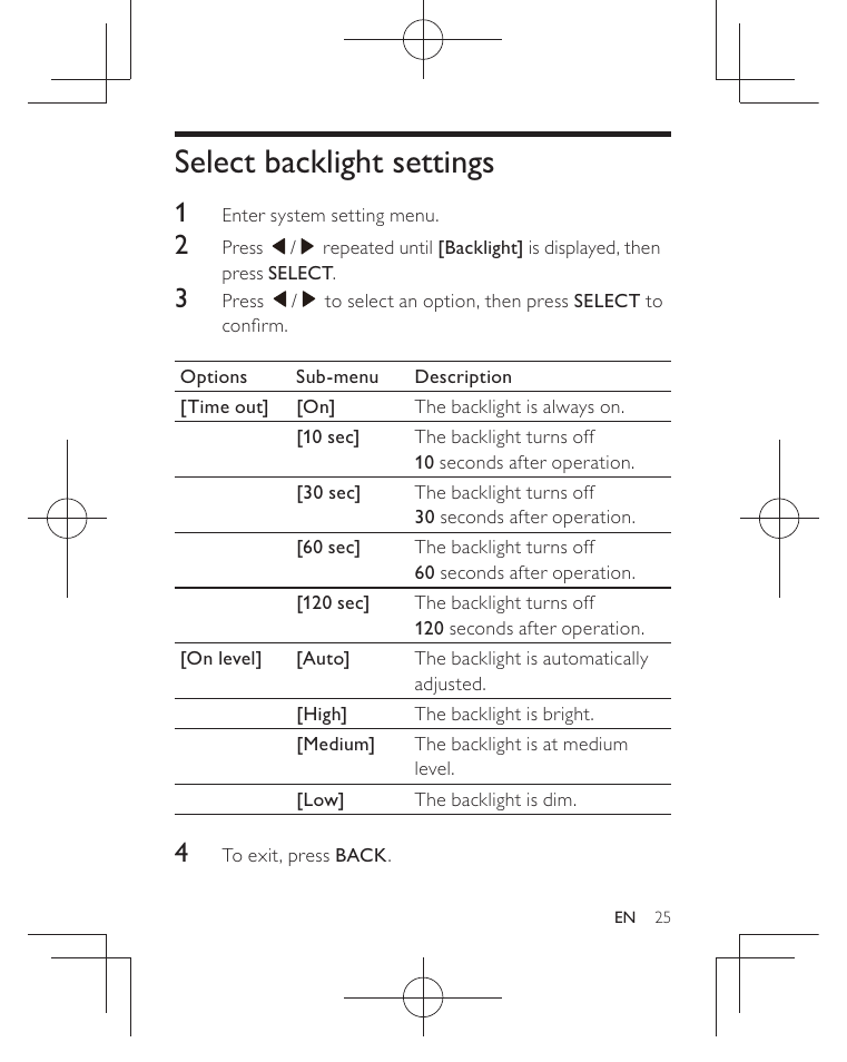 Select backlight settings | Philips AJB3552/05 User Manual | Page 24 / 33