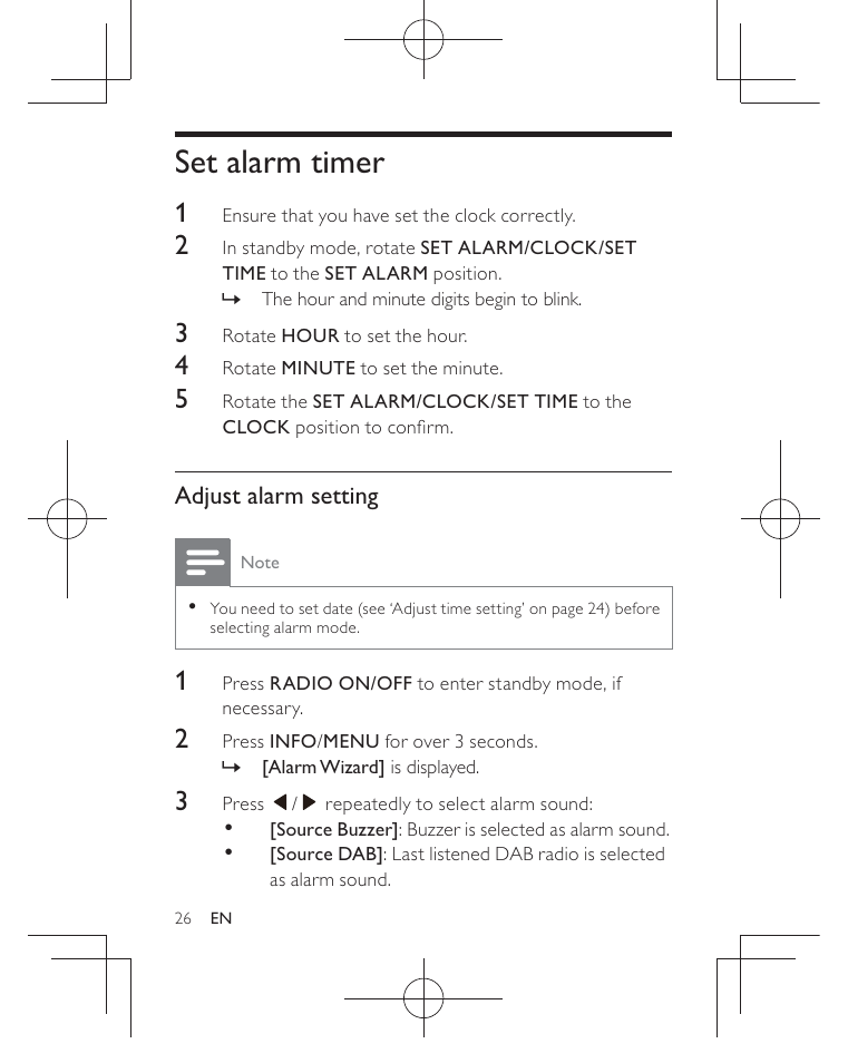 Set alarm timer, Adjust alarm setting | Philips AJB3552/05 User Manual | Page 25 / 33