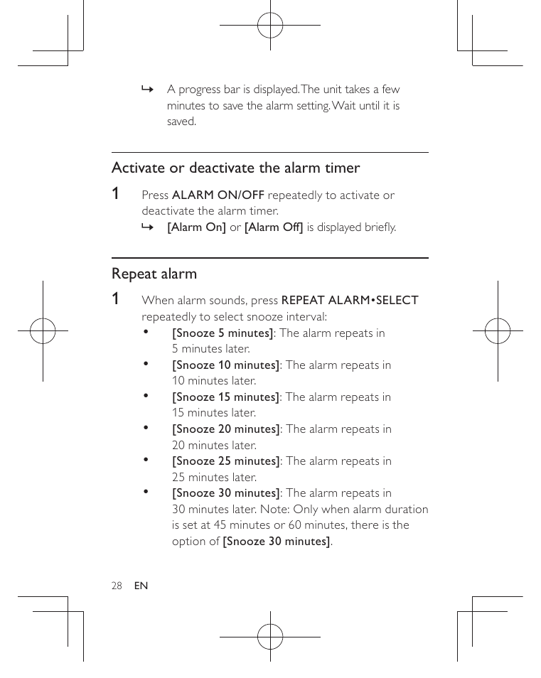 Activate or deactivate the alarm timer, Repeat alarm | Philips AJB3552/05 User Manual | Page 27 / 33