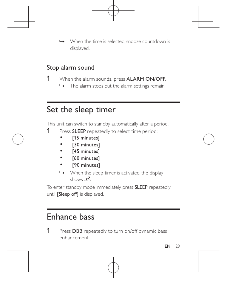 Set the sleep timer, Enhance bass, Stop alarm sound | Philips AJB3552/05 User Manual | Page 28 / 33