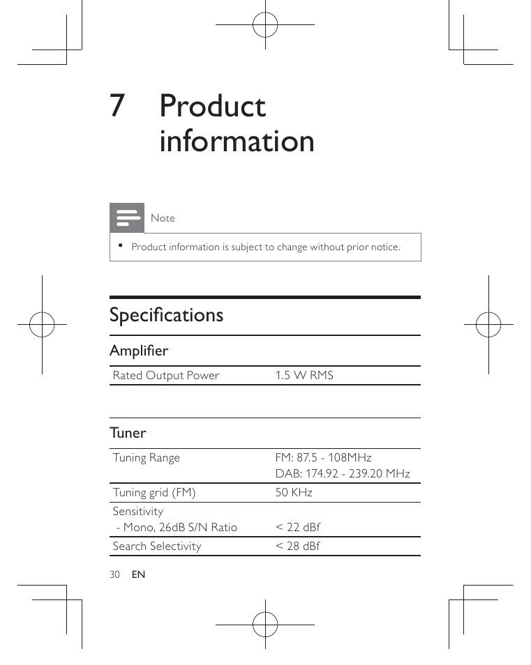 7 product information, 6shflàfdwlrqv | Philips AJB3552/05 User Manual | Page 29 / 33