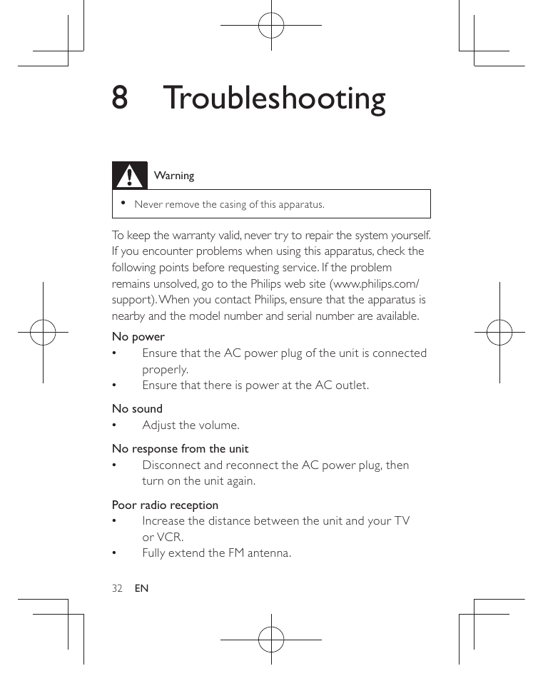 8 troubleshooting | Philips AJB3552/05 User Manual | Page 31 / 33