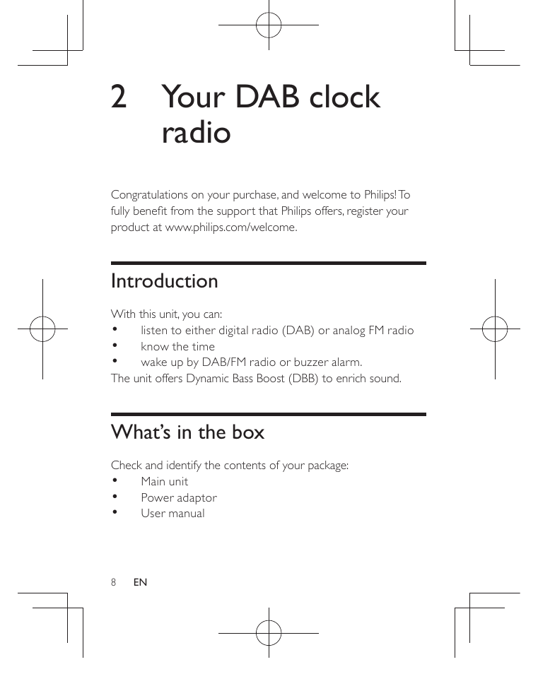 2 your dab clock radio, Introduction, What’s in the box | Philips AJB3552/05 User Manual | Page 7 / 33