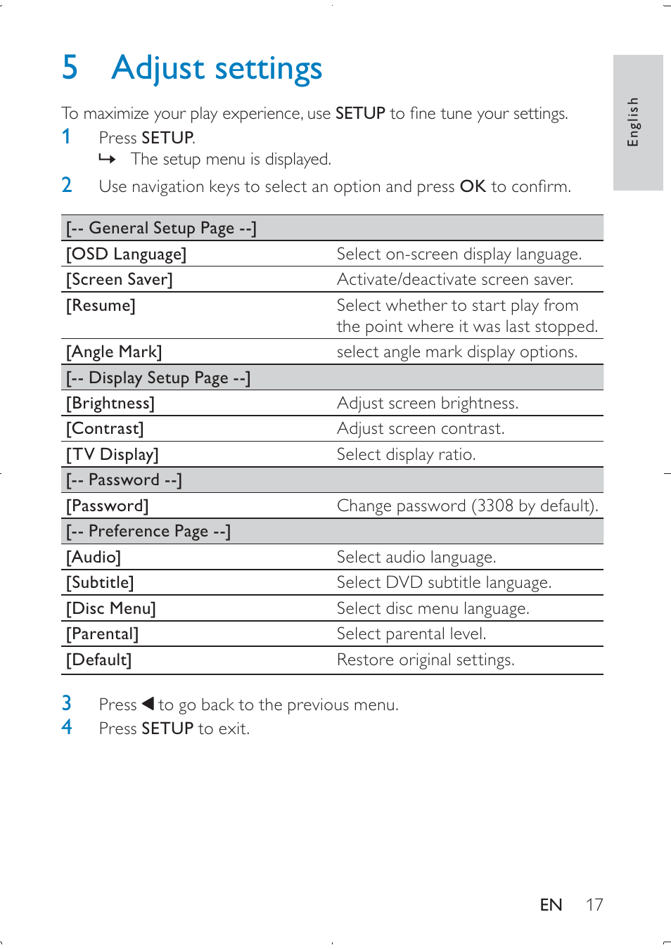 5 adjust settings | Philips PD709/12 User Manual | Page 17 / 20