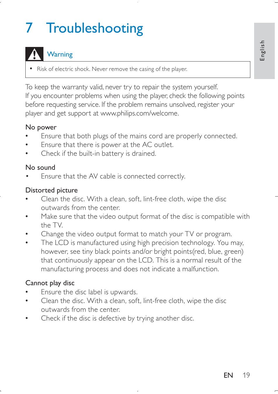 7 troubleshooting | Philips PD709/12 User Manual | Page 19 / 20