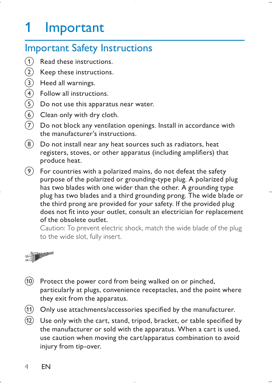 1 important, Important safety instructions | Philips PD709/12 User Manual | Page 4 / 20