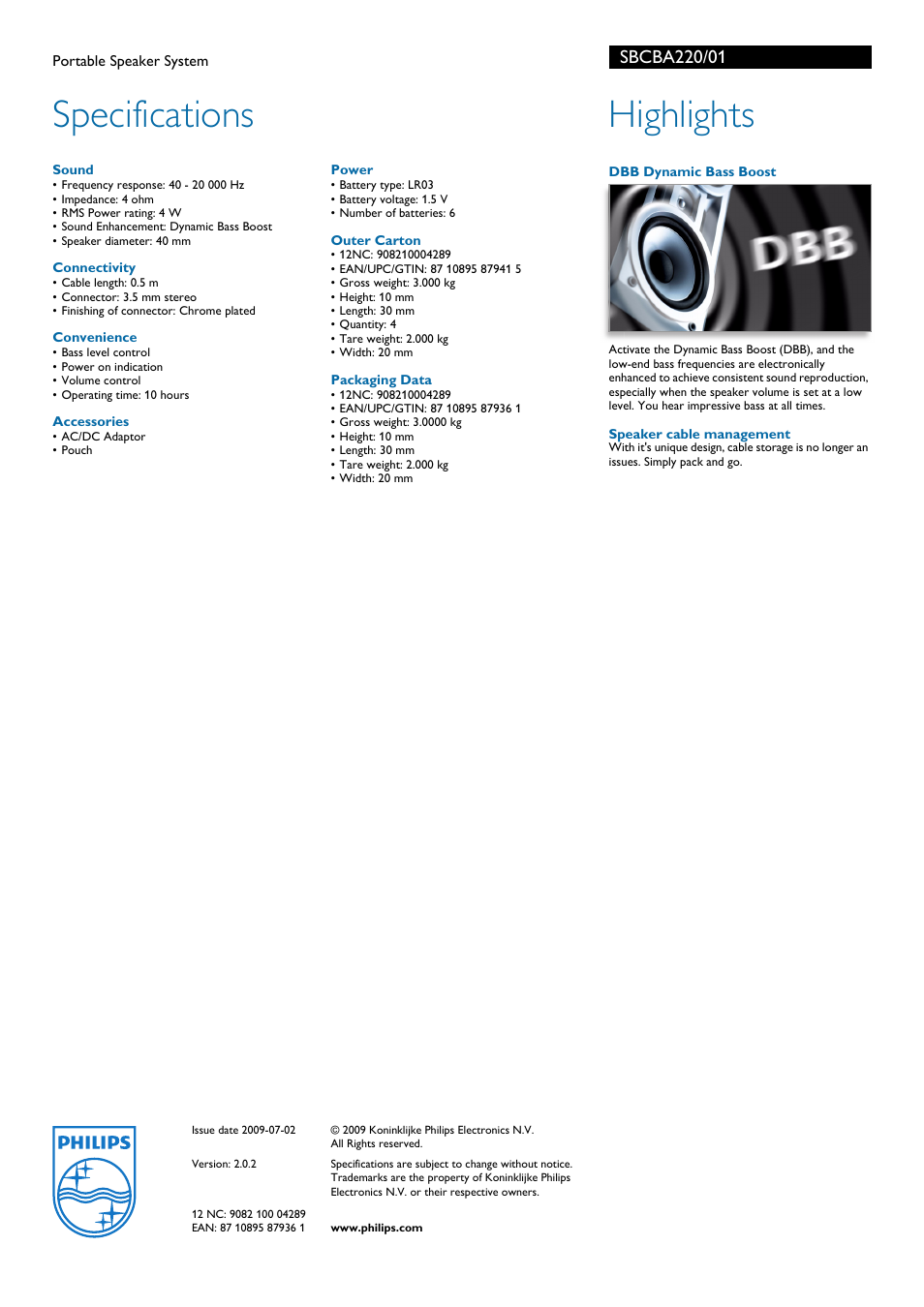 Specifications, Highlights | Philips SBCBA220 User Manual | Page 2 / 2