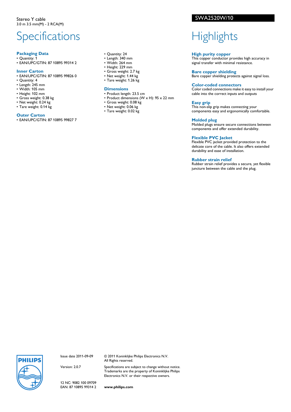 Specifications, Highlights | Philips SWA2520W/10 User Manual | Page 2 / 2