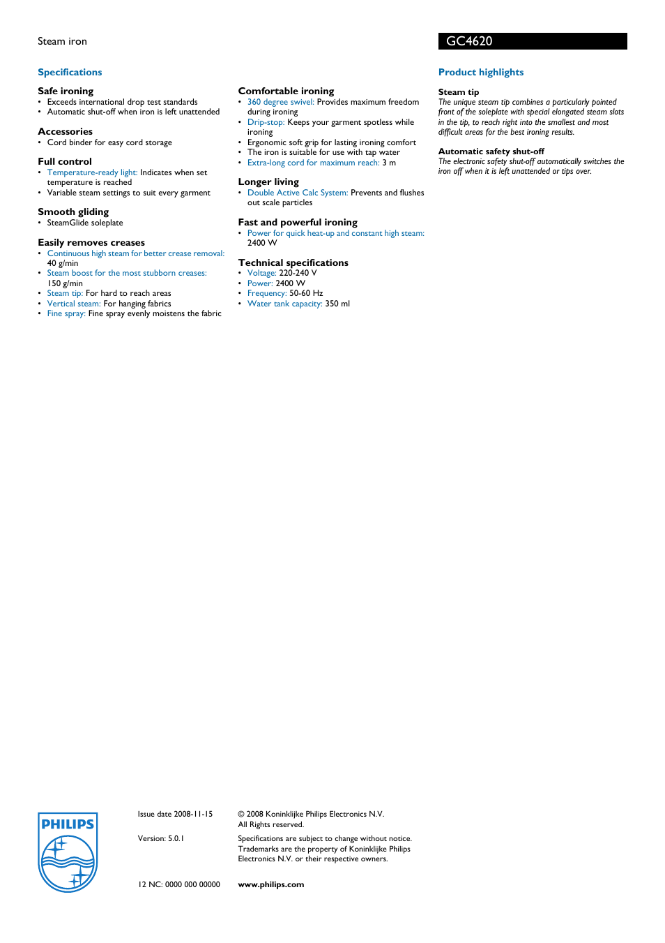 Gc4620 | Philips GC4620 EN User Manual | Page 2 / 2