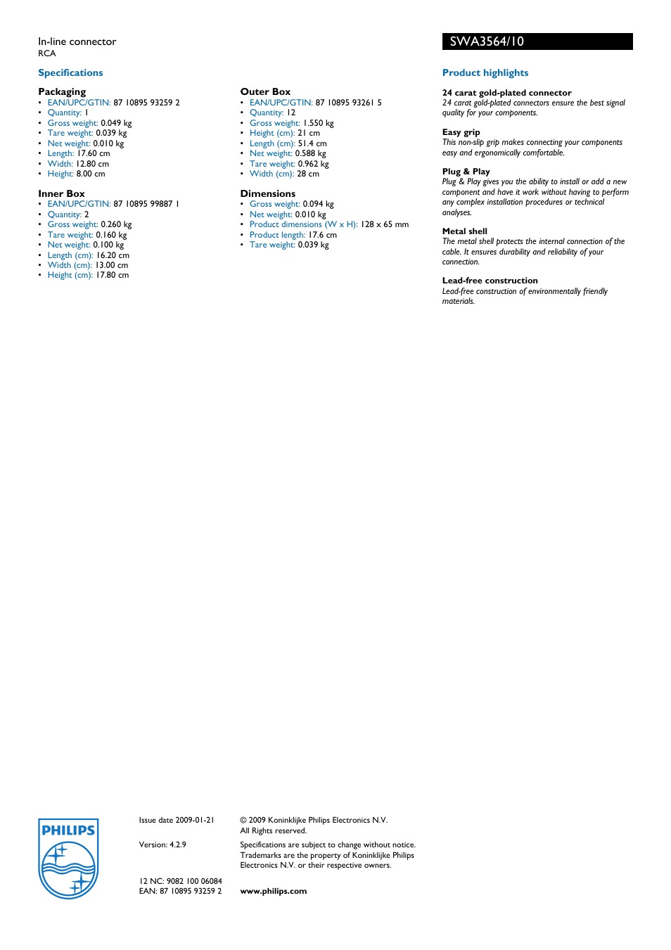 Outer box, Dimensions, Swa3564/10 | Product highlights, Philips | Philips RCA SWA3564/10 User Manual | Page 2 / 2