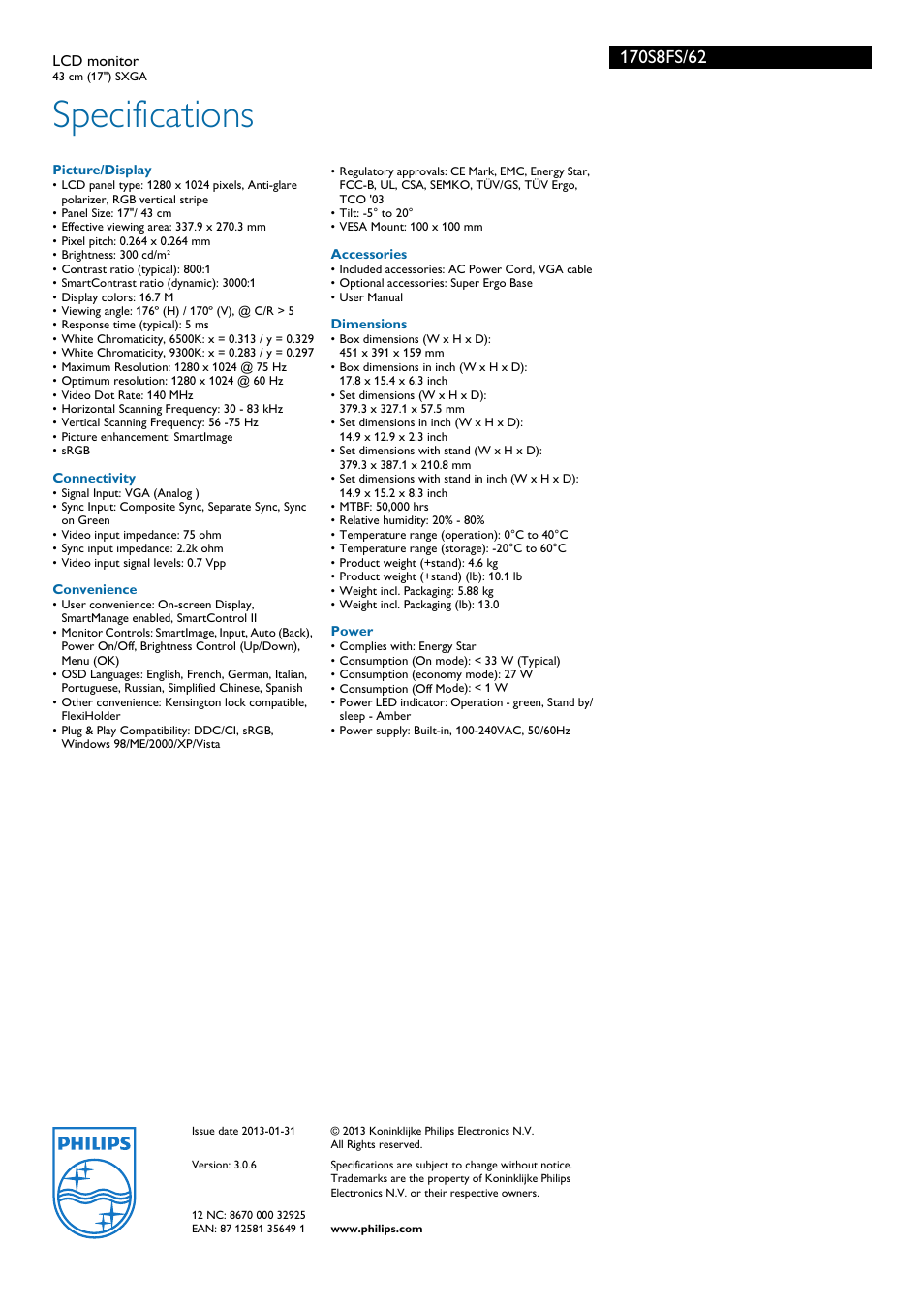 Specifications | Philips SXGA 62LCD User Manual | Page 3 / 3